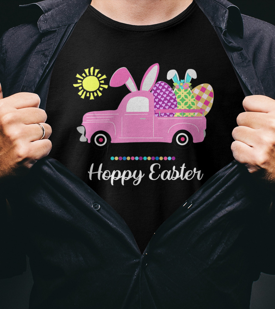 Hoppy Easter Bunny Truck With Eggs And Sun Spring Pun T-Shirt