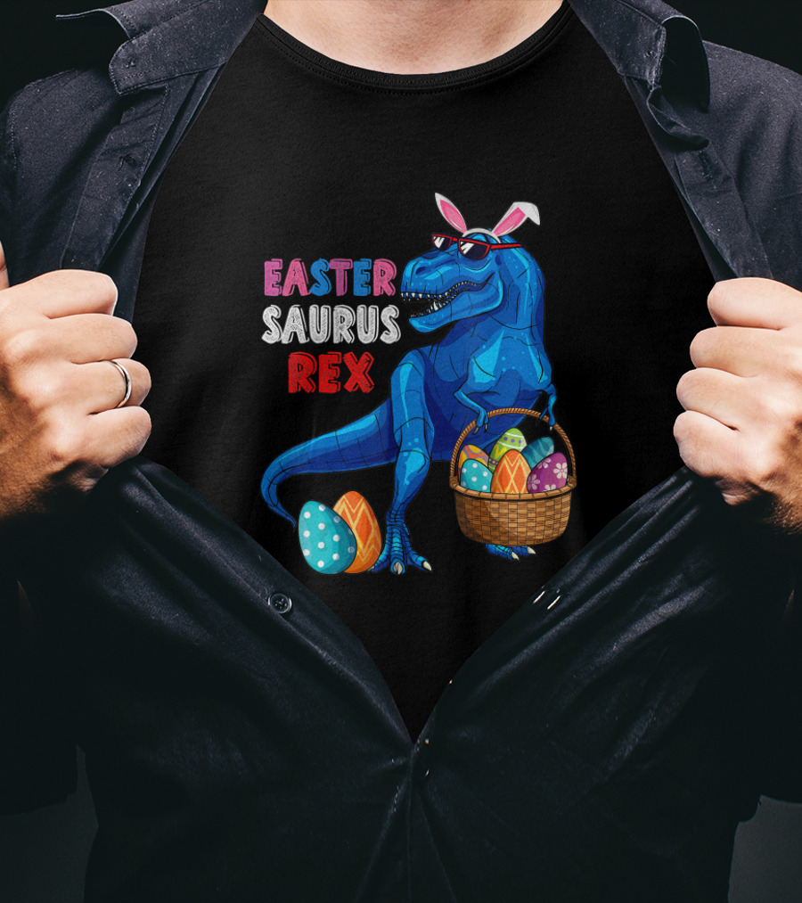 Easter Saurus Rex Dinosaur With Basket Of Eggs T-Shirt