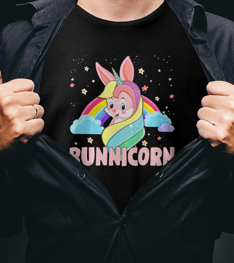 Funny Magical Bunnicorn Unicorn Easter Rainbow Clouds T-Shirt