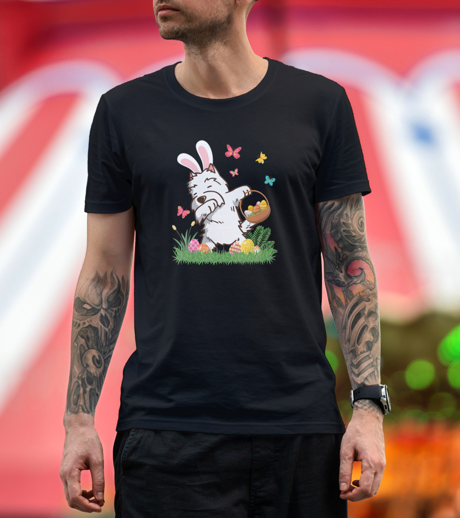 Westie Dog in Bunny Ears Dabbing with Easter Egg Basket and Butterflies T-Shirt