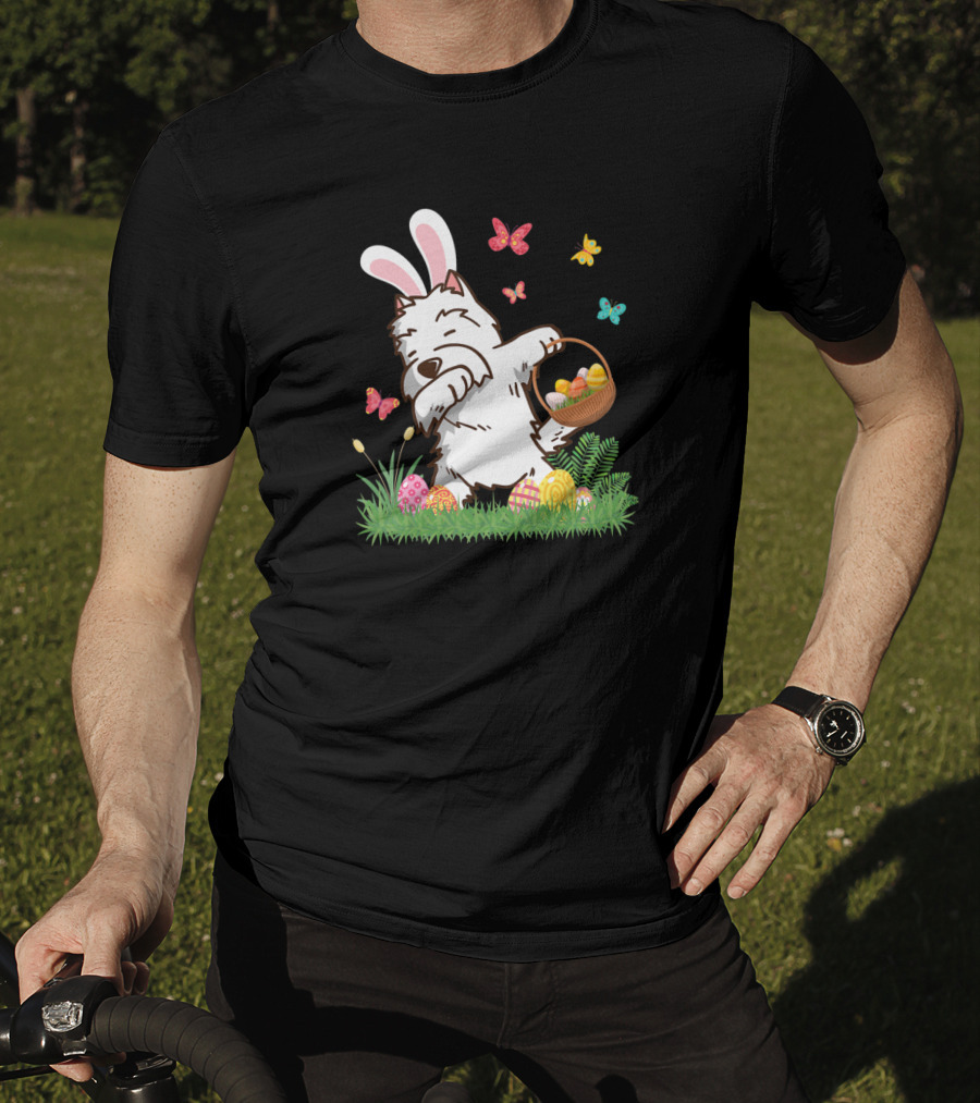 Westie Dog In Bunny Ears Dabbing With Easter Egg Basket And Butterflies T-Shirt
