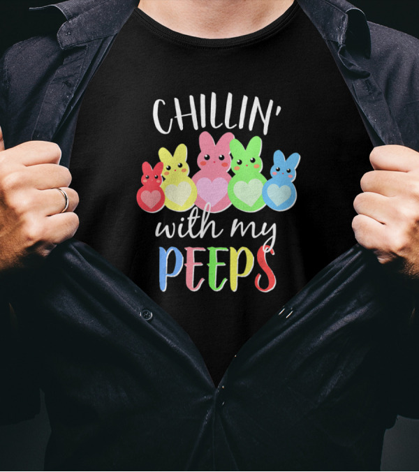Chillin With My Peeps Easter Bunny Friends Colorful Hearts T-Shirt