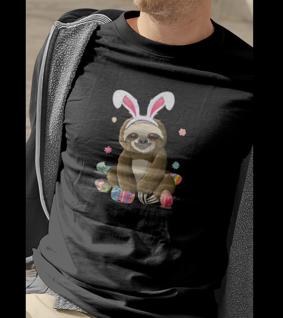 Sloth Bunny Easter Day Egg Hunt With Flowers T-Shirt