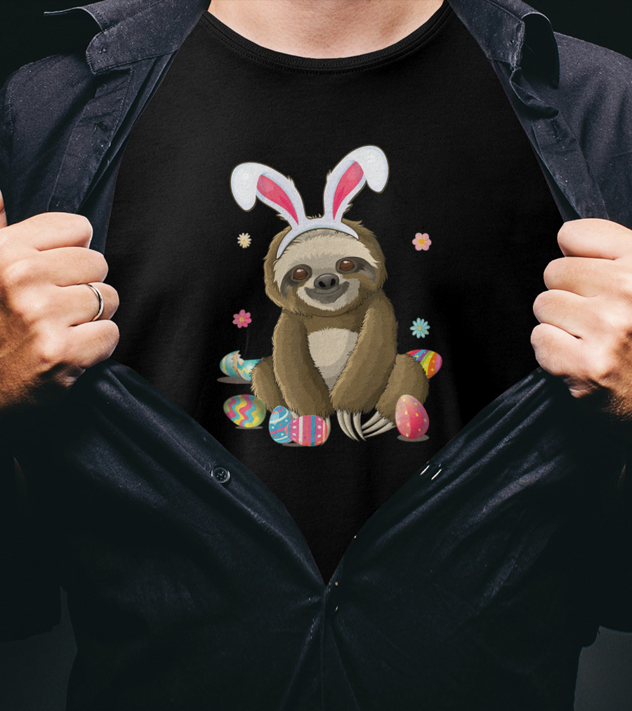 Sloth Bunny Easter Day Egg Hunt With Flowers T-Shirt