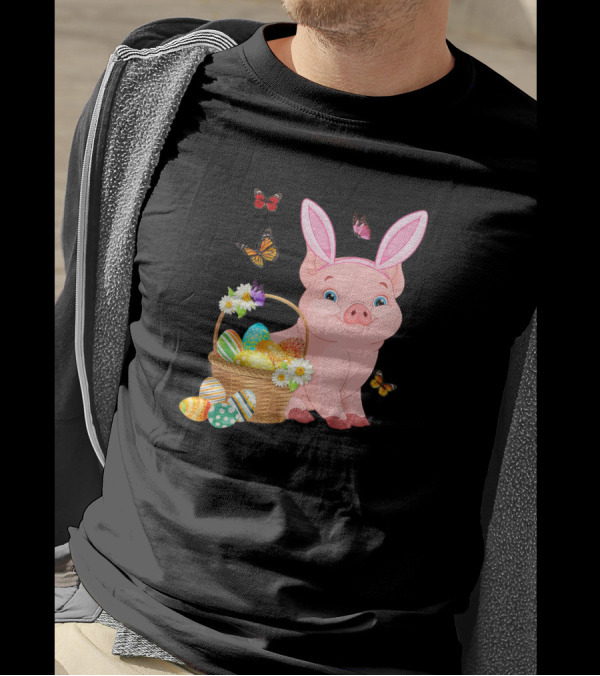 Pig Wearing Bunny Ears With Easter Egg Basket And Butterflies T-Shirt