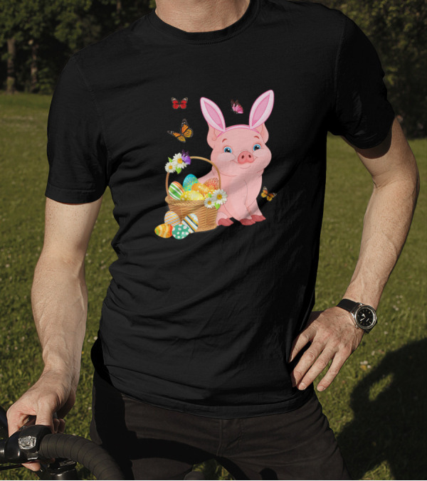 Pig Wearing Bunny Ears With Easter Egg Basket And Butterflies T-Shirt