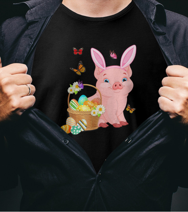 Pig Wearing Bunny Ears With Easter Egg Basket And Butterflies T-Shirt