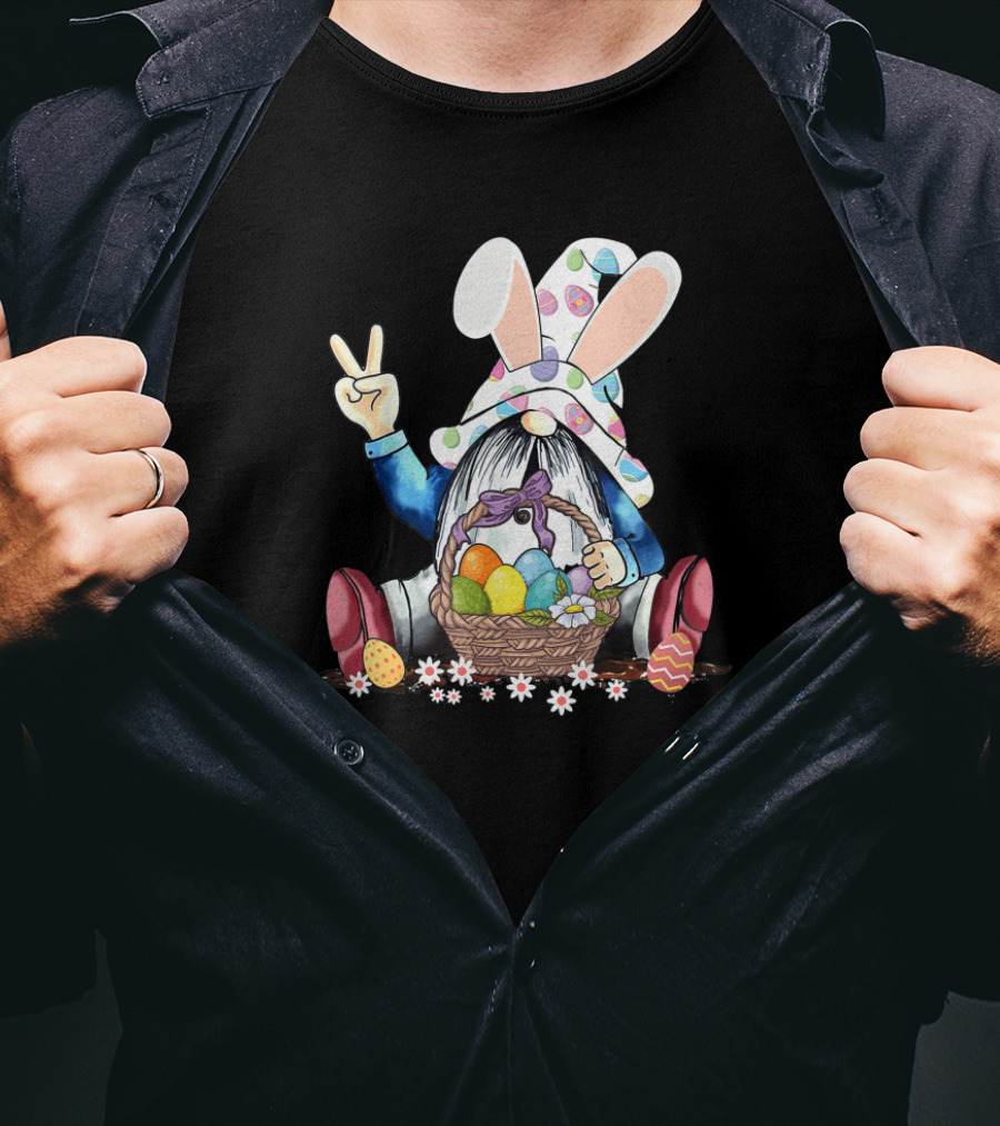 Gnome Easter Hippie Peace Sign Egg Basket Rabbit Hat T-Shirt