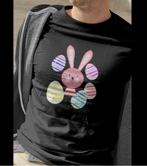 Happy Easter Bunny And Colorful Striped Easter Eggs T-Shirt