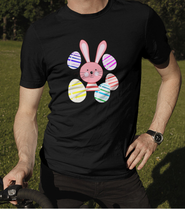 Happy Easter Bunny And Colorful Striped Easter Eggs T-Shirt