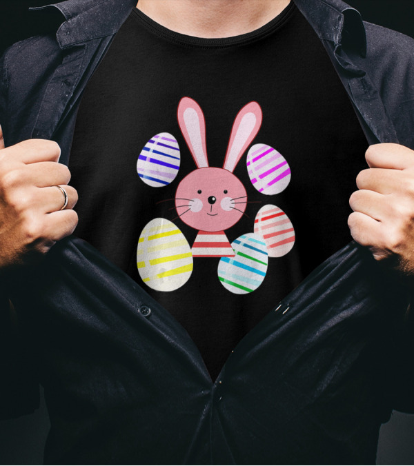 Happy Easter Bunny And Colorful Striped Easter Eggs T-Shirt