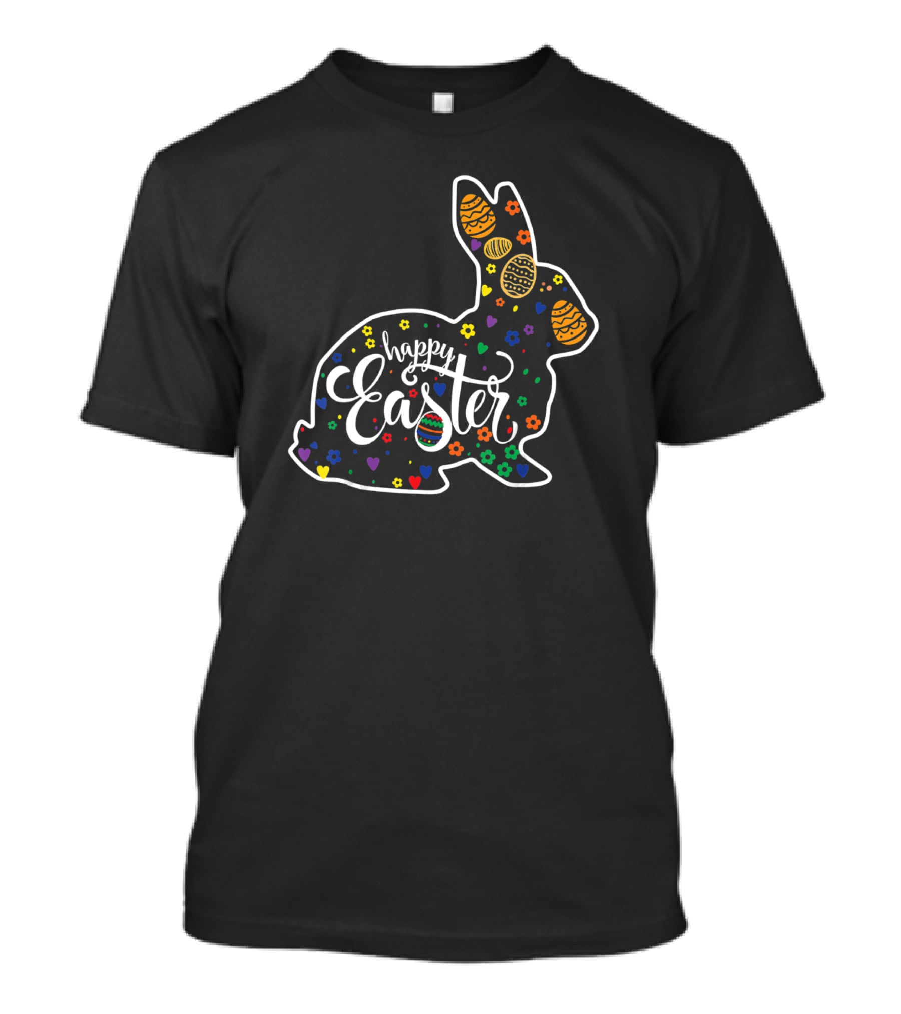 Bunny Happy Easter Rabbit With Colorful Eggs And Flowers T-Shirt