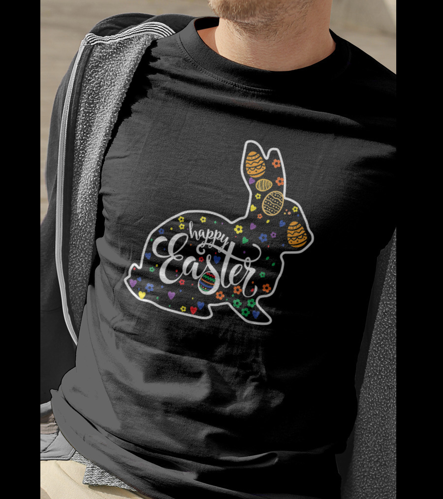 Bunny Happy Easter Rabbit With Colorful Eggs And Flowers T-Shirt