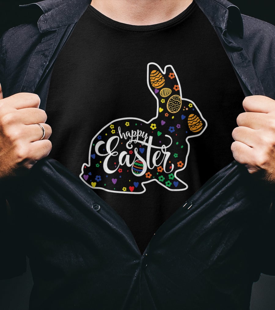 Bunny Happy Easter Rabbit With Colorful Eggs And Flowers T-Shirt