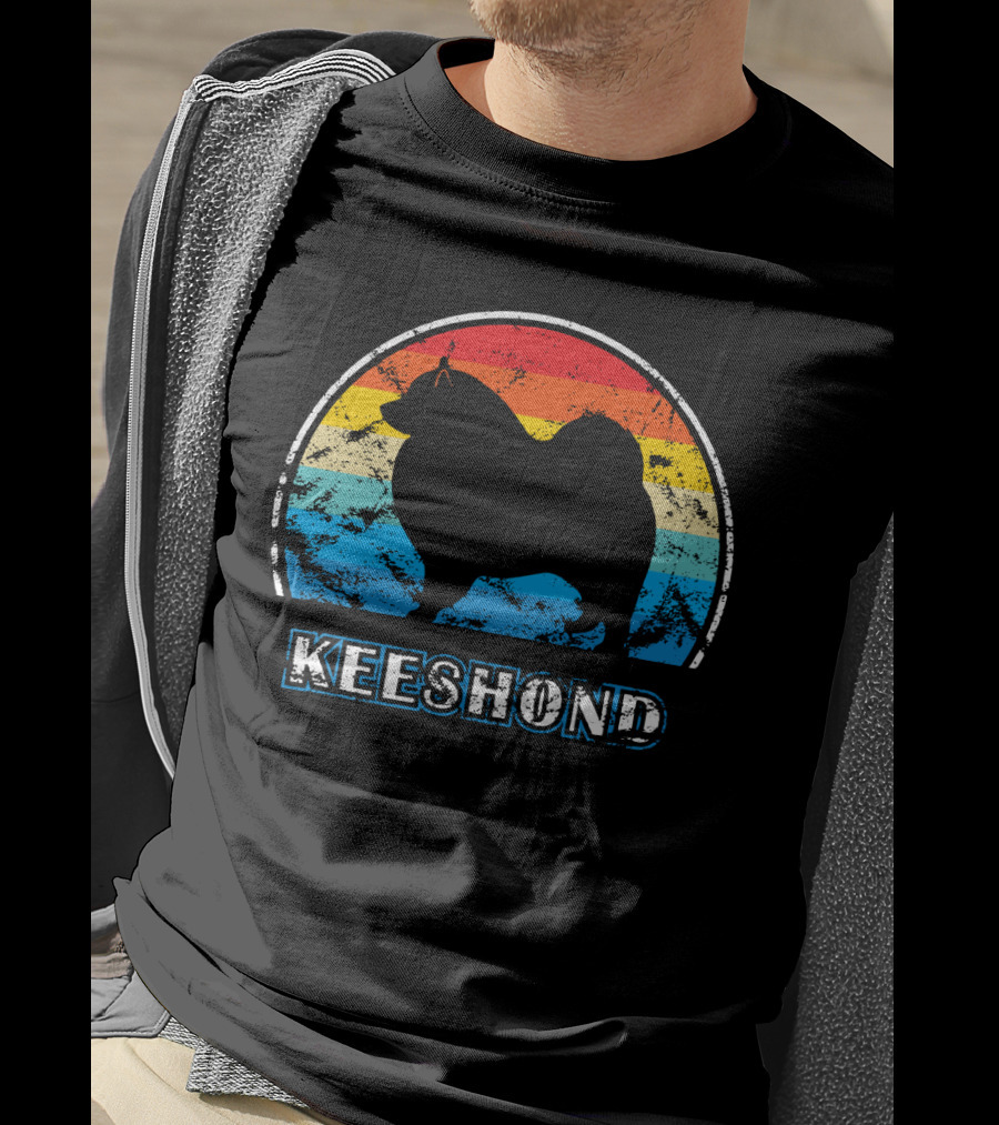 Keeshond Retro Silhouette Rainbow Stripes T-Shirt