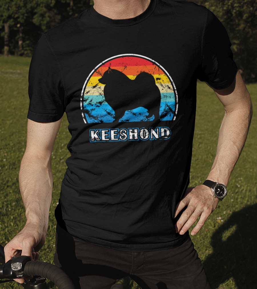 Keeshond Retro Silhouette Rainbow Stripes T-Shirt