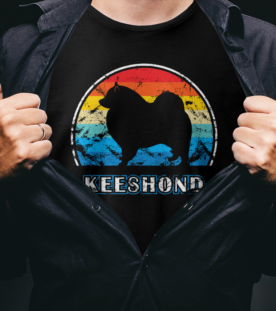 Keeshond Retro Silhouette Rainbow Stripes T-Shirt