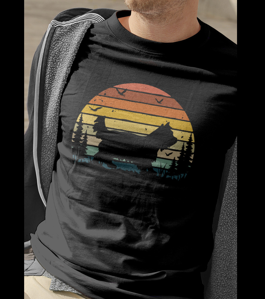 Yorkipoo Vintage Retro Sunset Silhouette With Birds And Trees T-Shirt