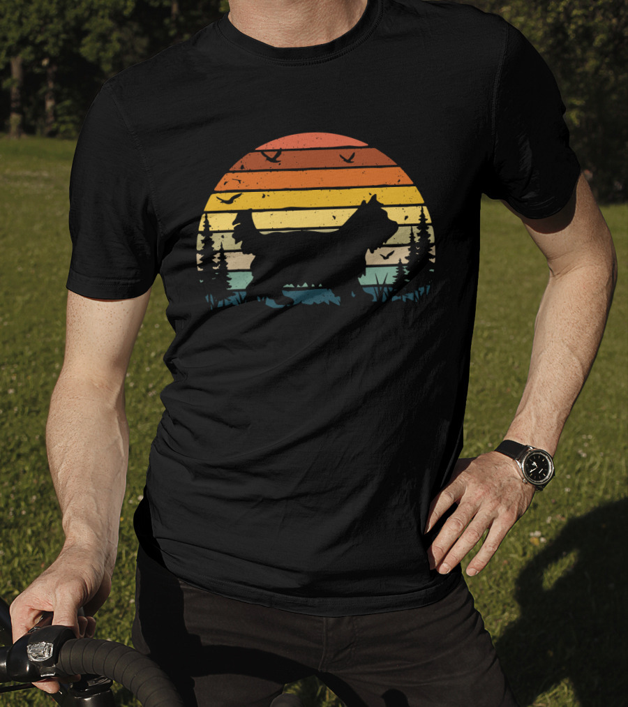 Yorkipoo Vintage Retro Sunset Silhouette With Birds And Trees T-Shirt