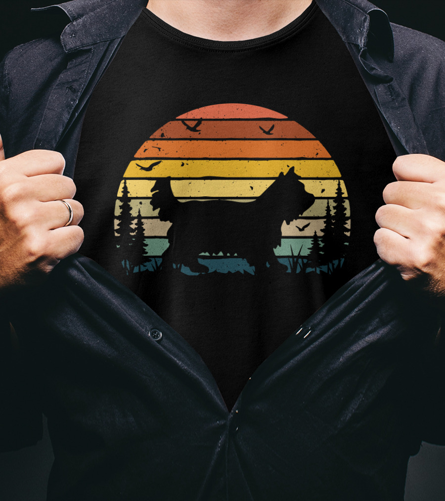 Yorkipoo Vintage Retro Sunset Silhouette With Birds And Trees T-Shirt