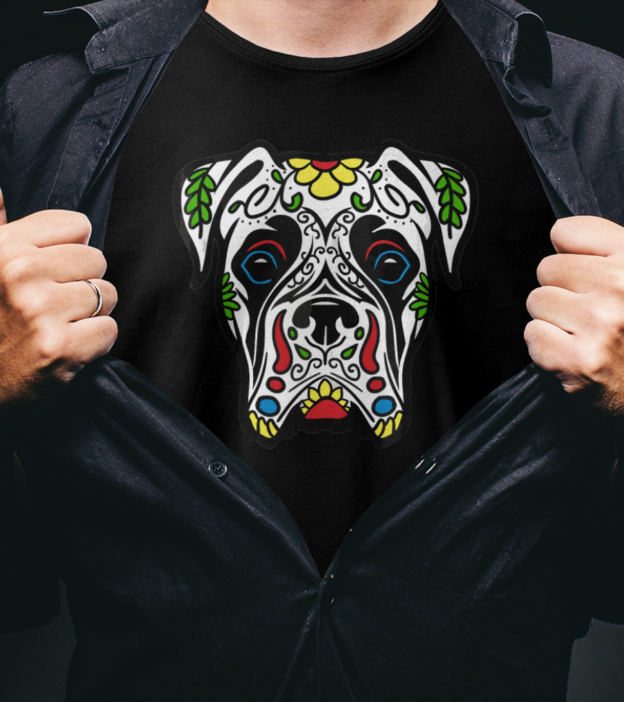 Boxer Sugar Skull Dog Design White Day Of The Dead T-Shirt