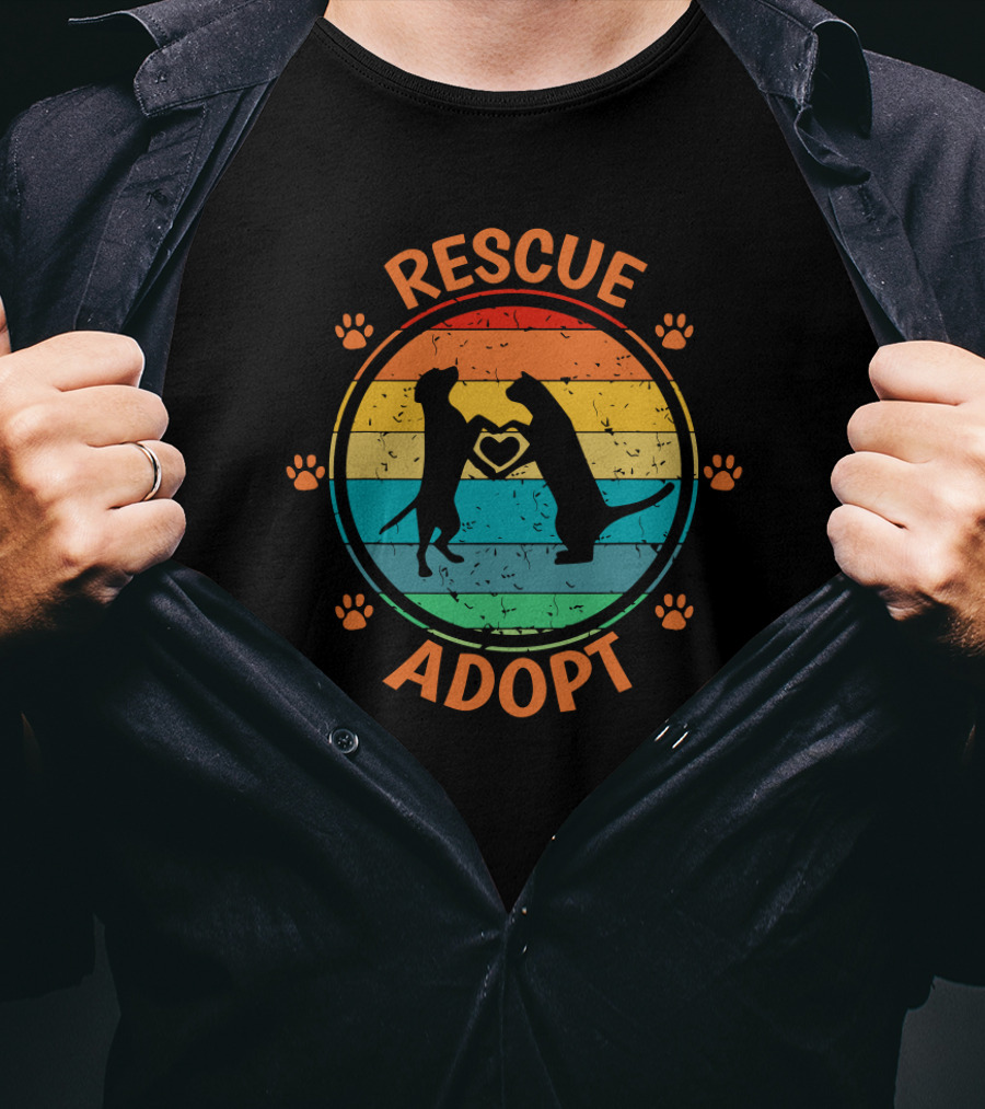 Rescue Adopt Vintage Rainbow Dog Cat Paw Heart T-Shirt