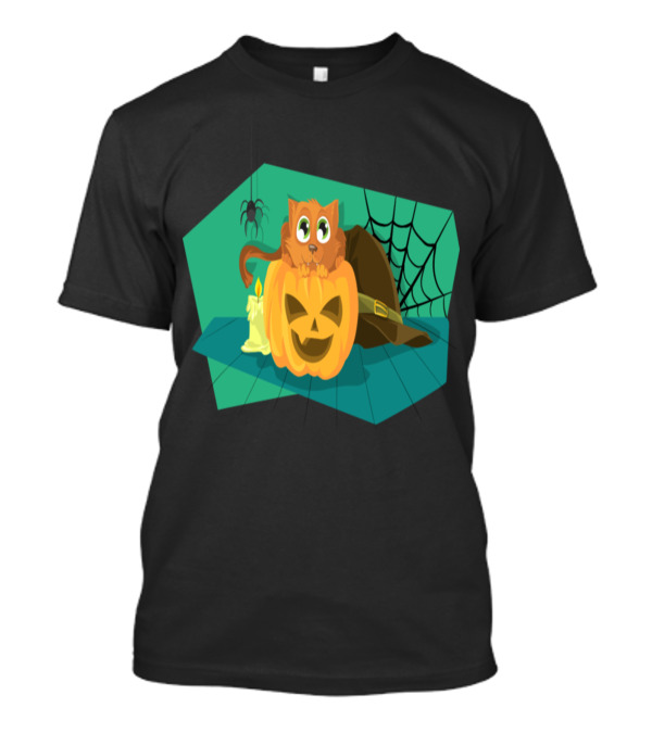 Happy Halloween Cat Atop Pumpkin With Candle And Spider Web T-Shirt