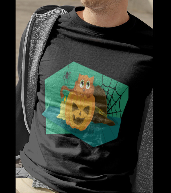 Happy Halloween Cat Atop Pumpkin With Candle And Spider Web T-Shirt