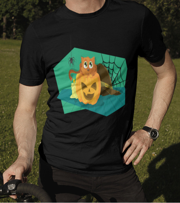 Happy Halloween Cat Atop Pumpkin With Candle And Spider Web T-Shirt