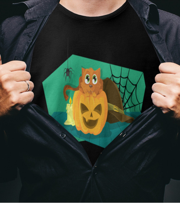 Happy Halloween Cat Atop Pumpkin With Candle And Spider Web T-Shirt