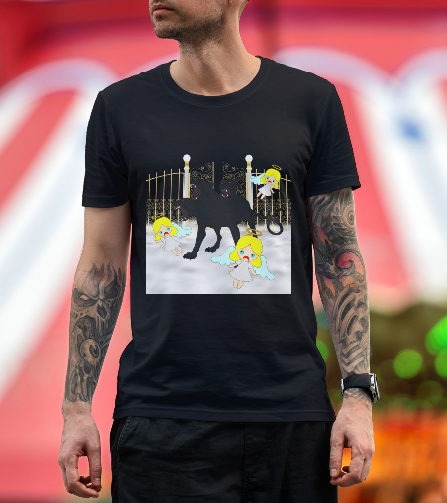 Dog Bites God Cerberus Attacks Angels at Golden Gates T-Shirt