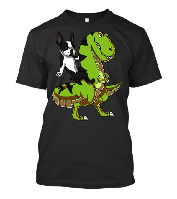 Boston Terrier Riding Green T-Rex Dinosaur Adventure Computer Backpack T-Shirt