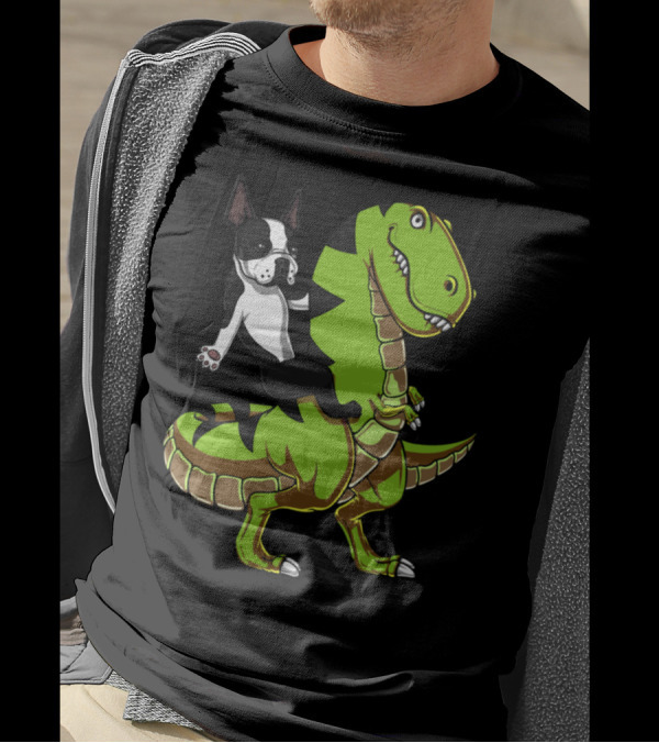 Boston Terrier Riding Green T-Rex Dinosaur Adventure Computer Backpack T-Shirt