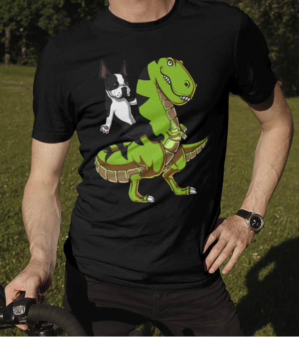 Boston Terrier Riding Green T-Rex Dinosaur Adventure Computer Backpack T-Shirt