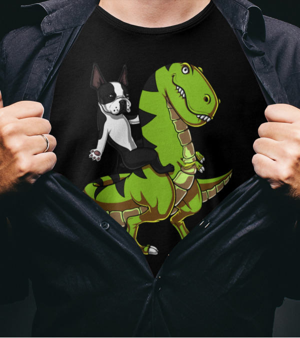 Boston Terrier Riding Green T-Rex Dinosaur Adventure Computer Backpack T-Shirt