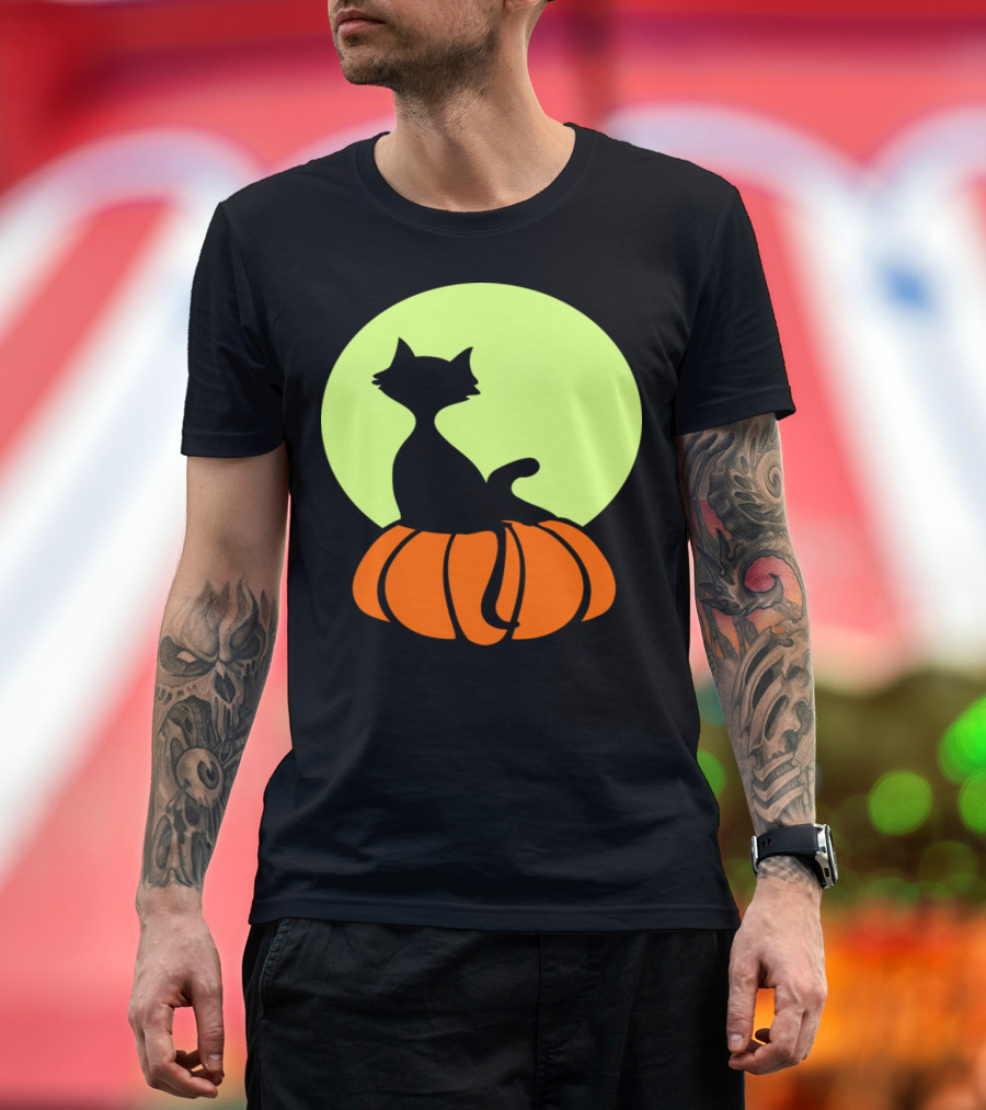 Cat on Pumpkin with Glowing Romantic Moon T-Shirt