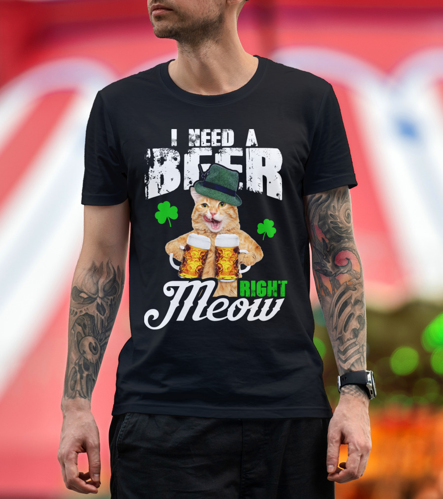 I Need A Beer Right Meow St Patricks Day Cat Lover Shamrocks Hat Beer Mugs T-Shirt