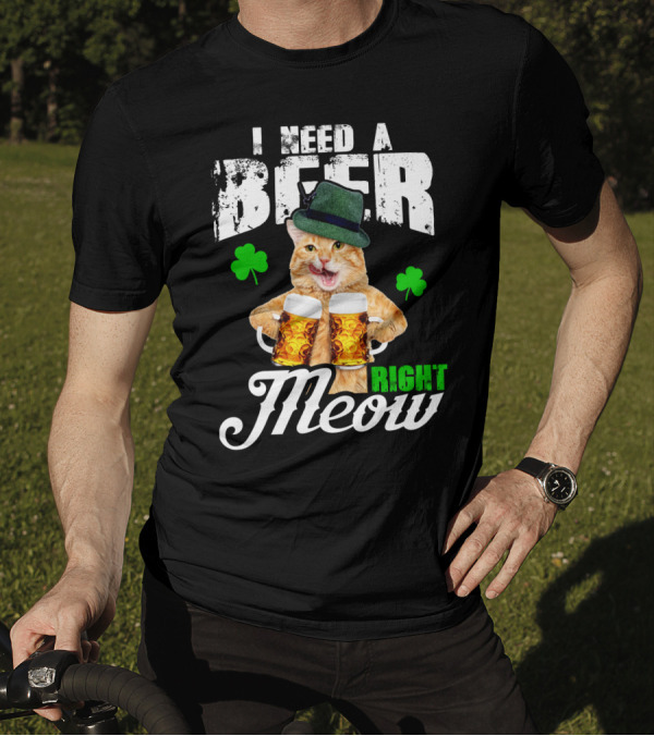 I Need A Beer Right Meow St Patricks Day Cat Lover Shamrocks Hat Beer Mugs T-Shirt