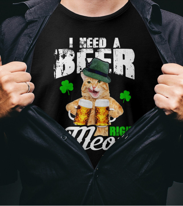 I Need A Beer Right Meow St Patricks Day Cat Lover Shamrocks Hat Beer Mugs T-Shirt