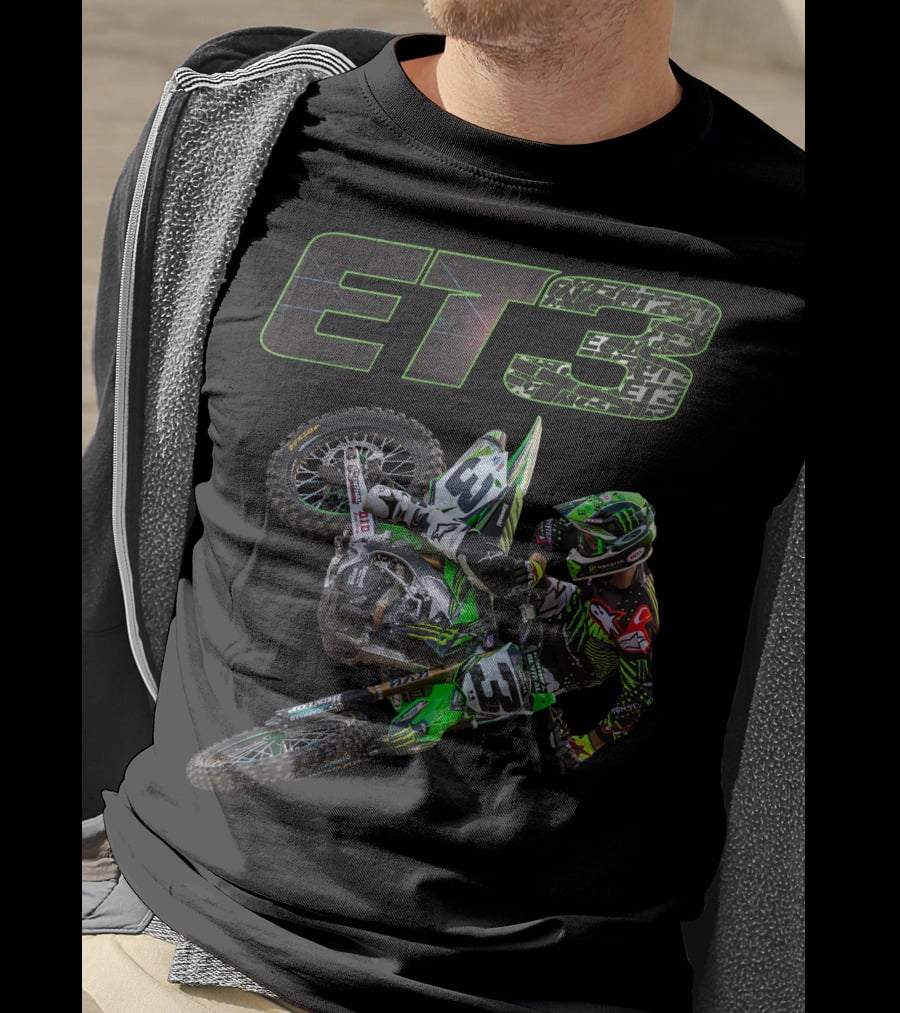 ET3 Motor Cross Rider In Action With Green Racing Gear T-Shirt