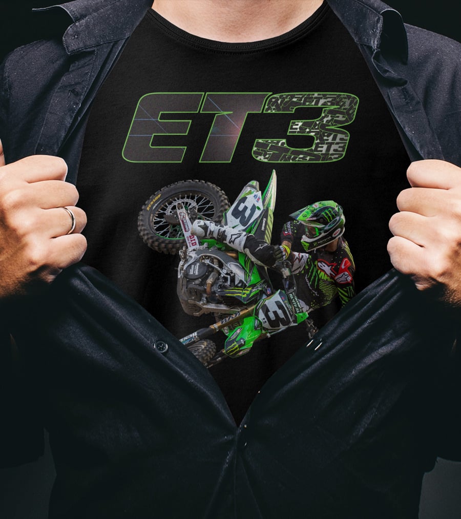 ET3 Motor Cross Rider In Action With Green Racing Gear T-Shirt