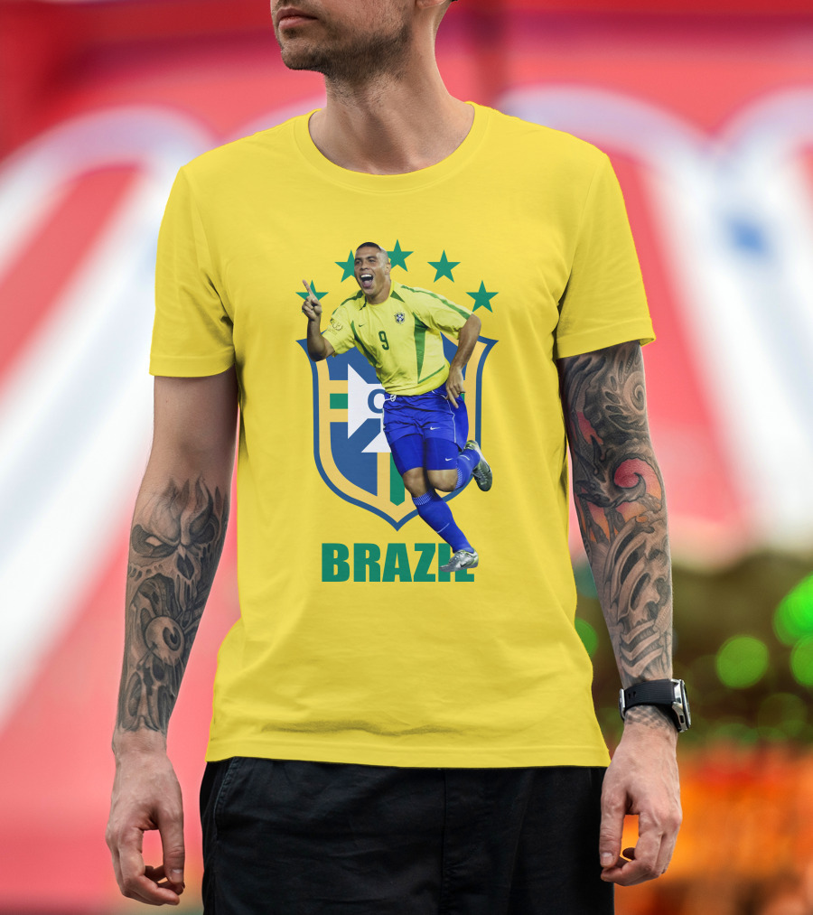 Ronaldo Brazil Soccer Legend Number 9 with Team Crest and Stars T-Shirt