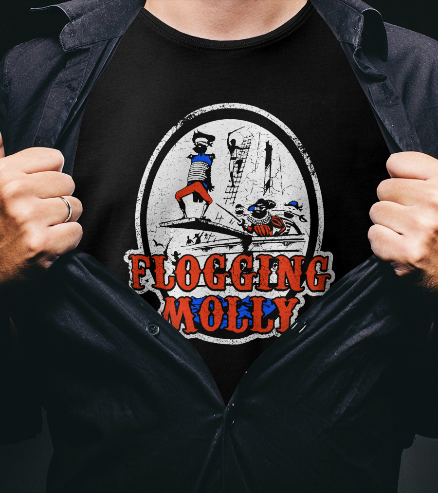 FLOGGING MOLLY Walk The Plank Pirate 7 Distressed Red And Blue T-Shirt