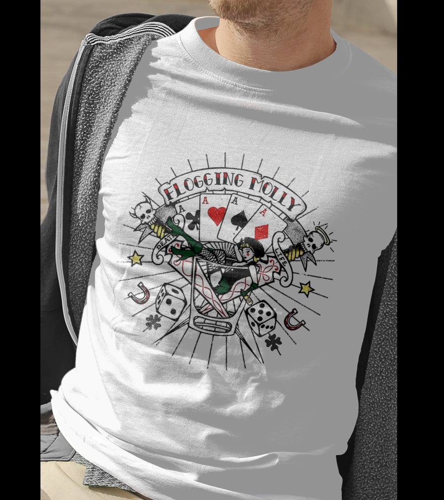 Flogging Molly Tattoo Ringer 48 Playing Cards Mermaid Dice Skulls T-Shirt