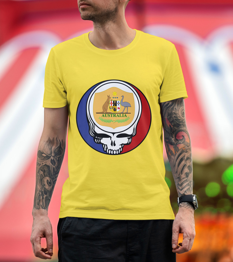 Australia National Football Team Grateful Dead Skull Emblem with Kangaroo and Emu Crest T-Shirt