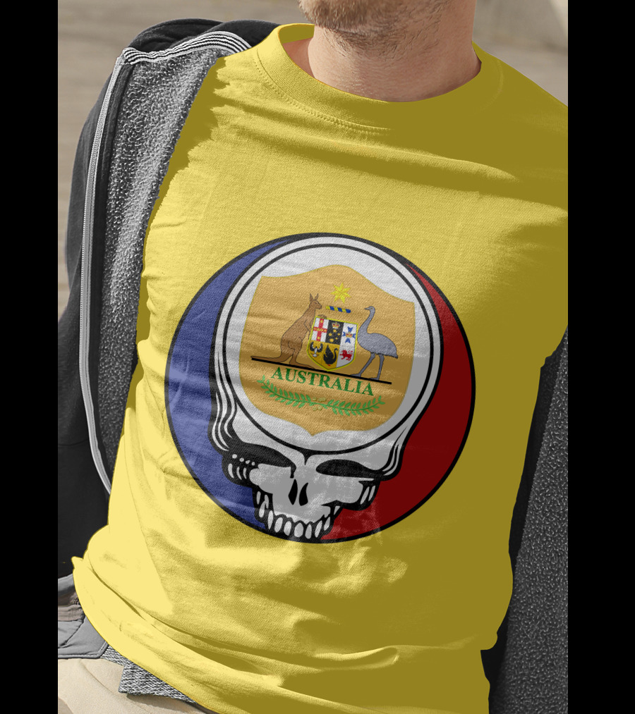 Australia National Football Team Grateful Dead Skull Emblem With Kangaroo And Emu Crest T-Shirt