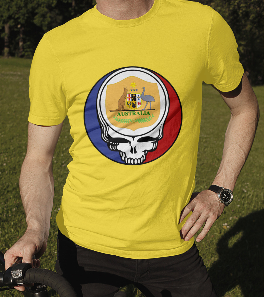 Australia National Football Team Grateful Dead Skull Emblem With Kangaroo And Emu Crest T-Shirt
