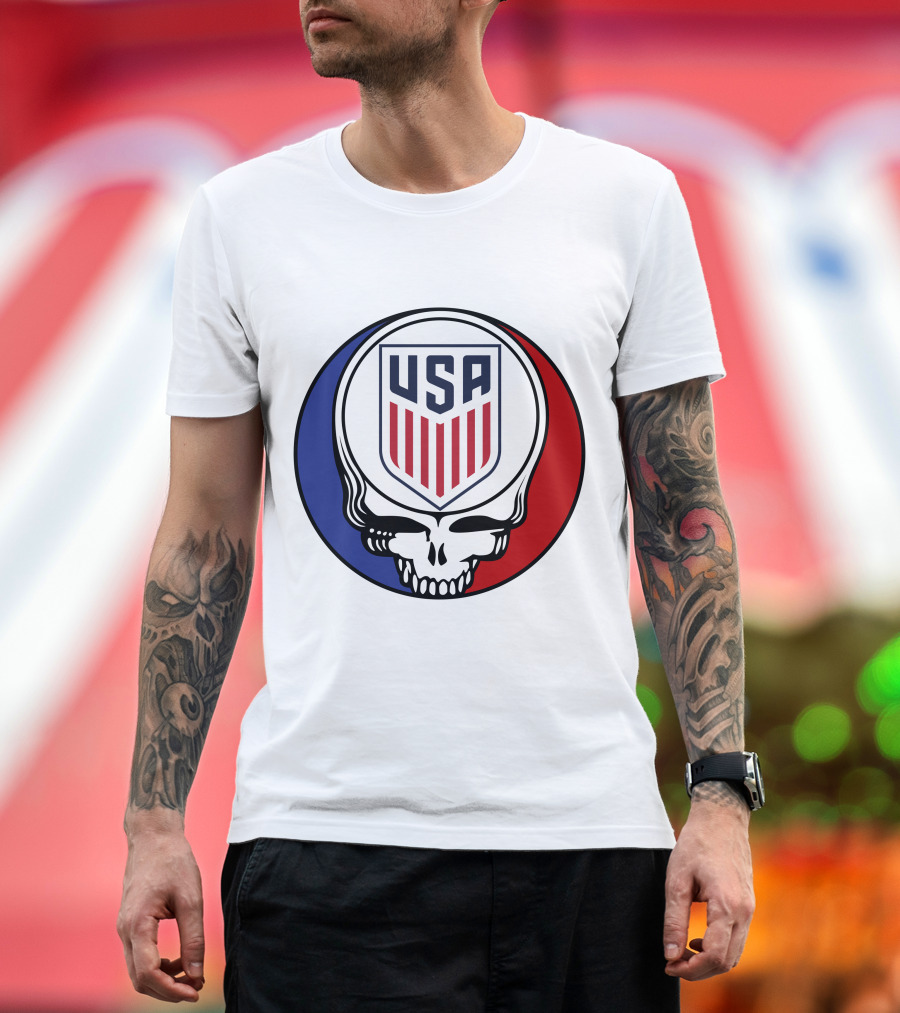USA Soccer Grateful Dead Skull Logo Red Blue Badge T-Shirt
