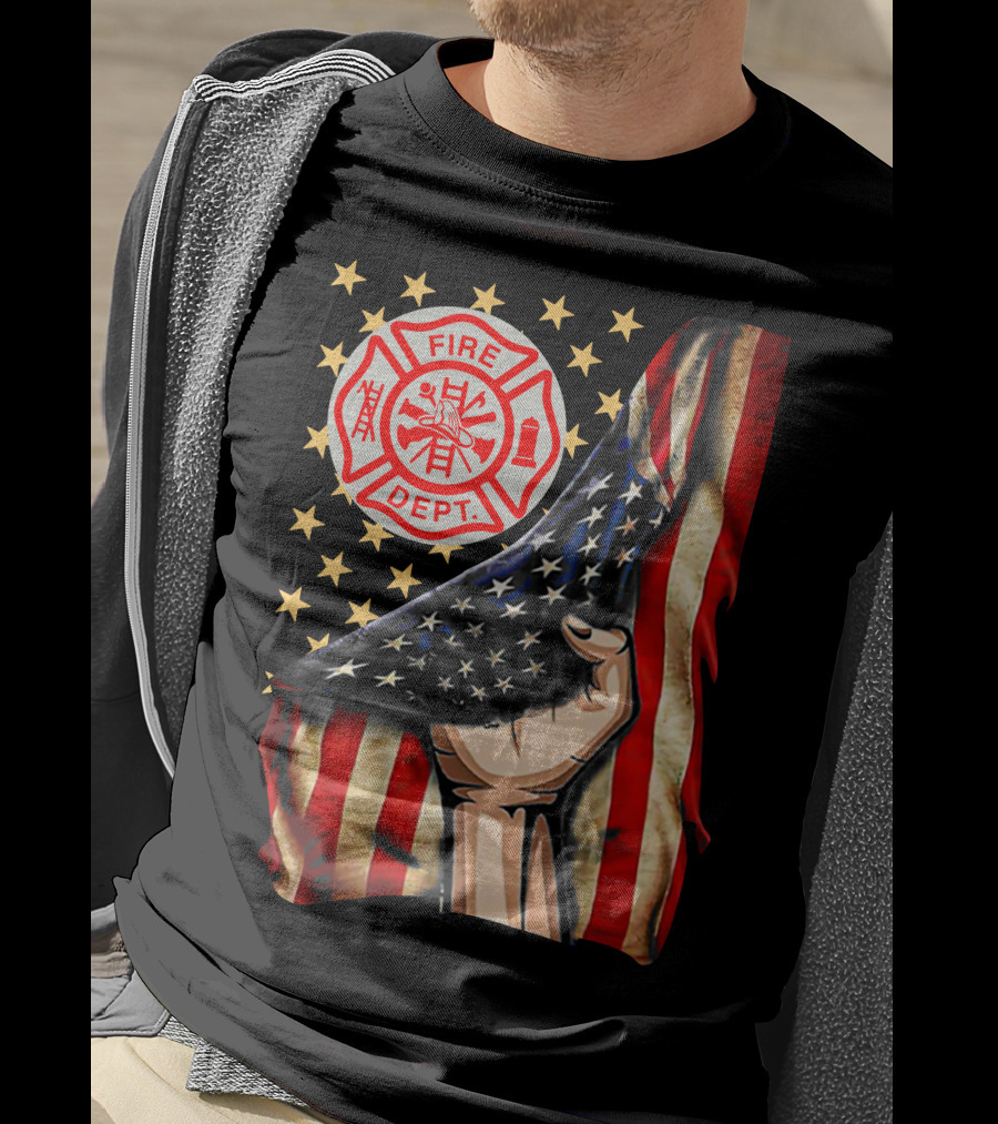 Fire Dept American Firefighter Flag Stars T-Shirt