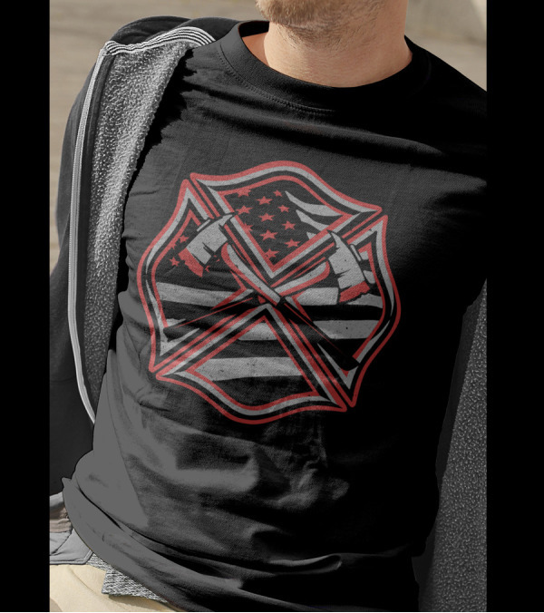 Red Thin Line Firefighter American Flag Maltese Cross T-Shirt